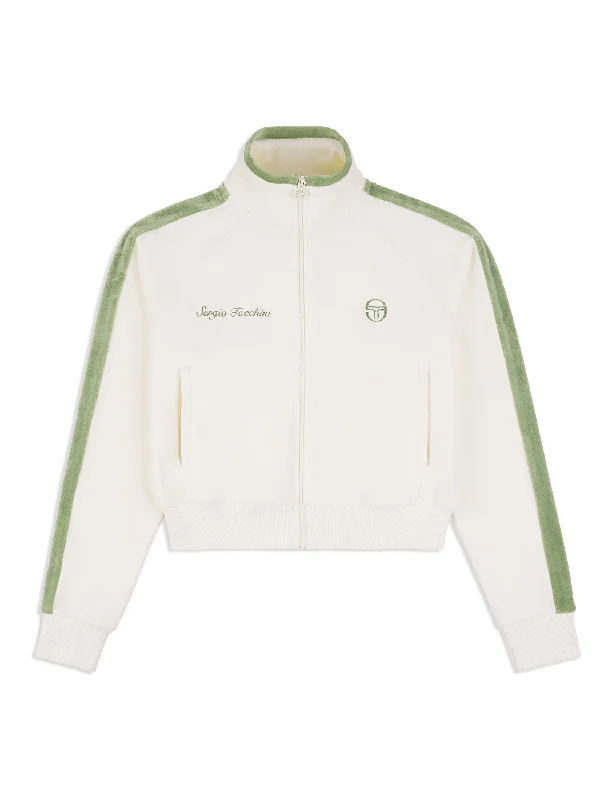 Miss Carlotta Velour Track Jacket- Gardenia Satin Fabric Silk Fabric Chiffon Fabric