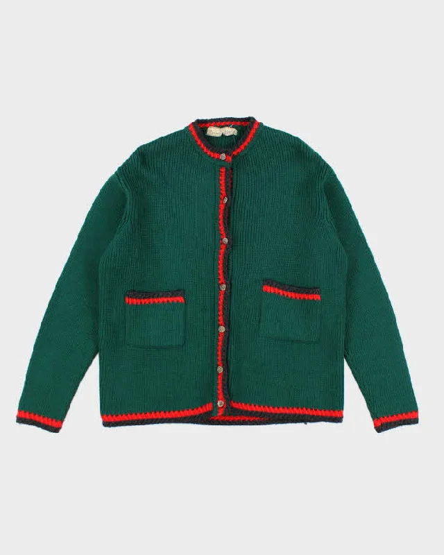 Vintage Reine Wool Green Cardigan - L Zippered Front Buttoned Front Snap Front