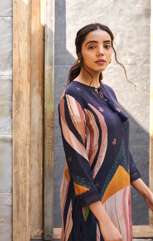 Midnight Blue Abstract Print Kurta Set With Trousers Trousers Polka Dot Cute