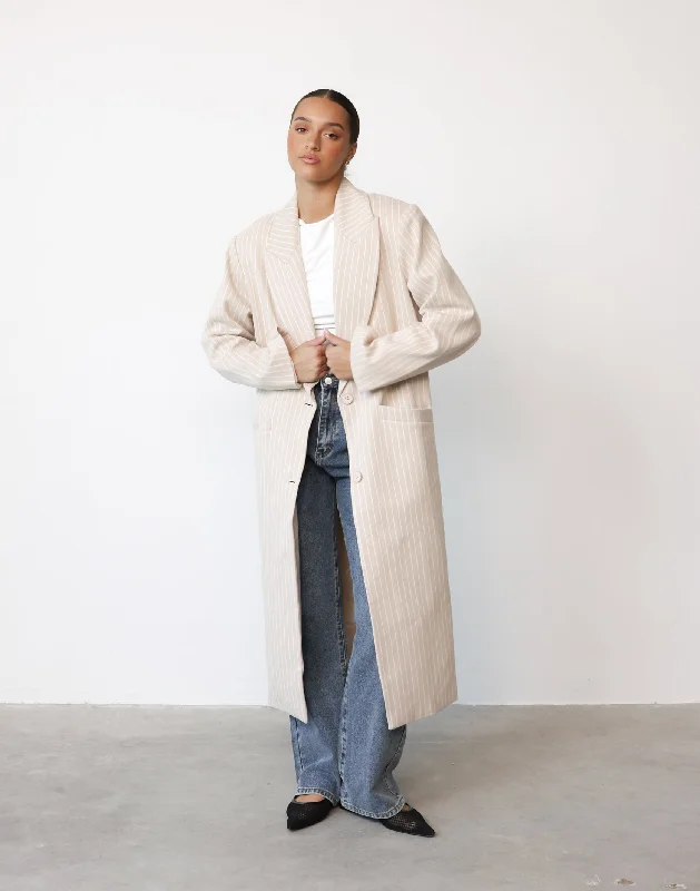 Olsen Coat (Beige Pinstripe) - By Lioness Knit Woven Fleece