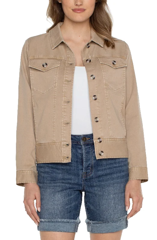 Liverpool Trucker Jacket w/ Elastic Back Waist (biscuit tan) Denim Fabric Leather Fabric Suede Fabric