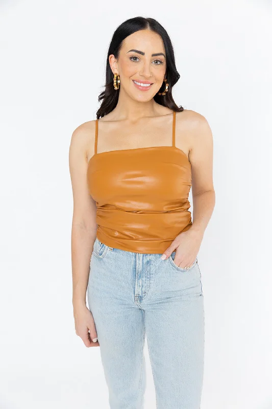 Jolee Vegan Leather Tank Top - Sable halter tank top