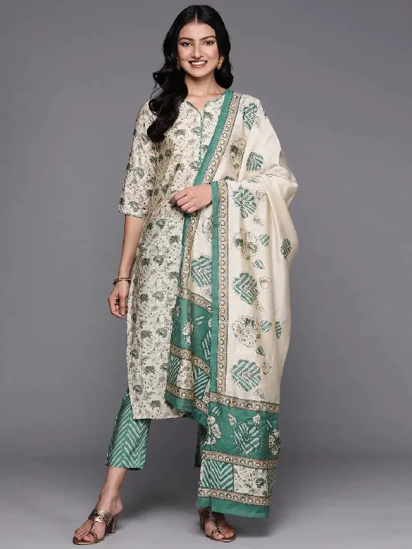Beige Printed Silk Blend Straight Kurta With Trousers & Dupatta Trousers Designer Luxury