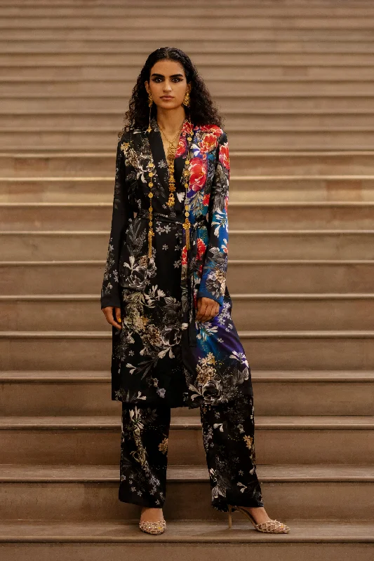 Floral Printed Robe With Trouser Trousers Flared Retro