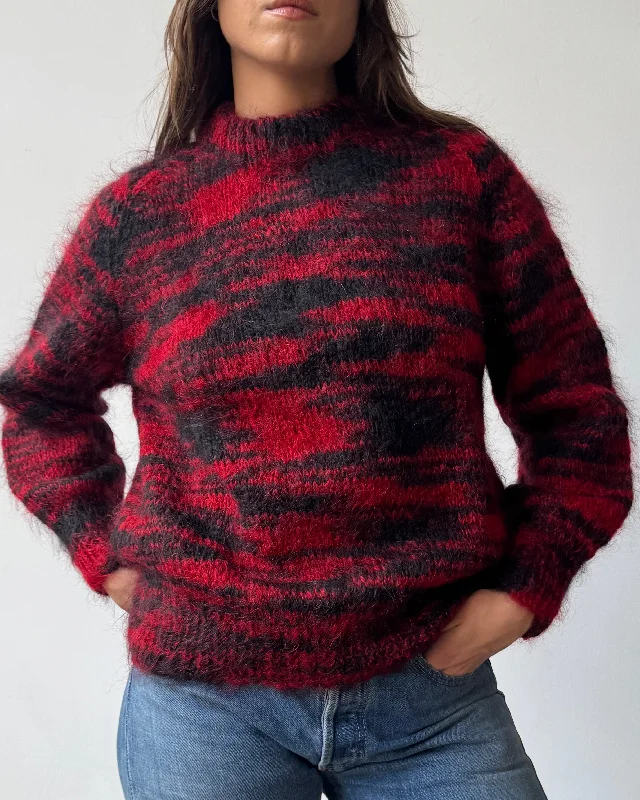 Black Cherry Handknit Mohair Sweater- L Striped Floral Plaid