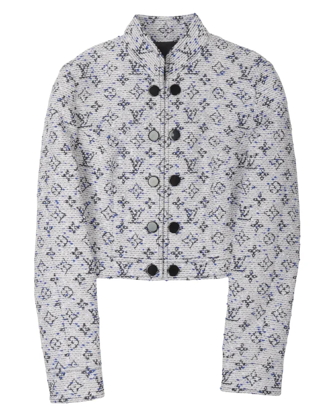 Standing Collar Monogram Suit Jacket Front Pockets Side Pockets Patch Pockets