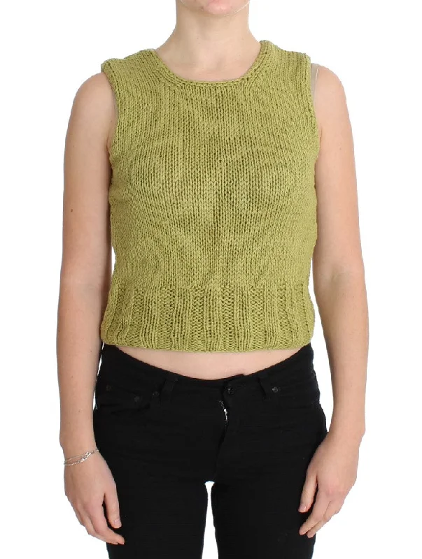 PINK MEMORIES Chic Green Knitted Sleeveless Vest Sweater Ribbed Striped Patterned