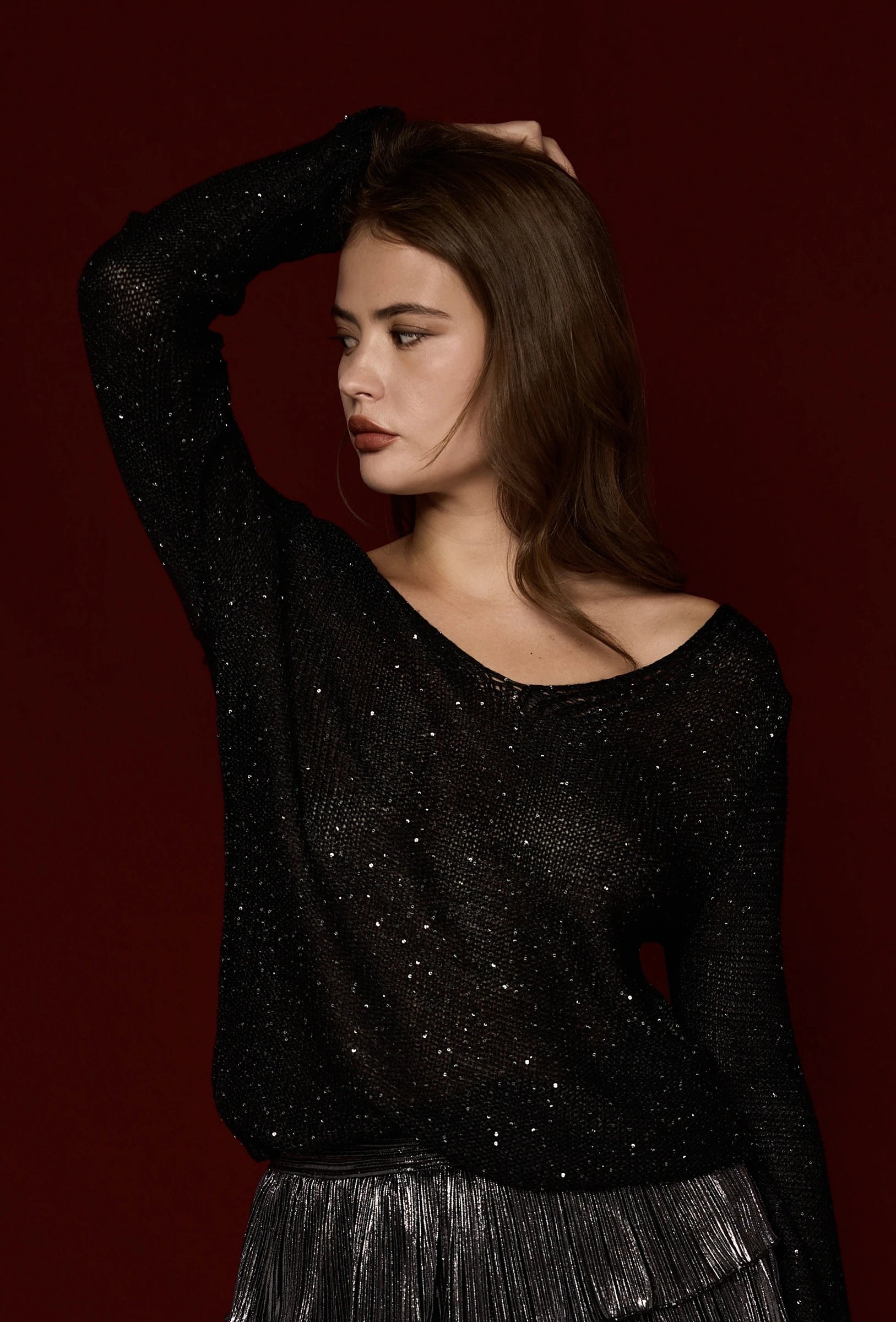 Black Sparkly Sweater Front Pockets Side Pockets Patch Pockets