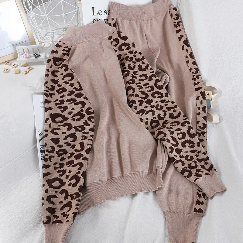Two Piece Tracksuit Long Sleeve Coat And Trousers Leopard Patchwork Knit Casual Suit Set 2023 Autumn Female Korean Chinos Cotton Straight Leg Two Piece Tracksuit Long Sleeve Coat And Trousers Leopard Patchwork Knit Casual Suit Set 2023 Autumn Female Korean Chinos Cotton Straight Leg