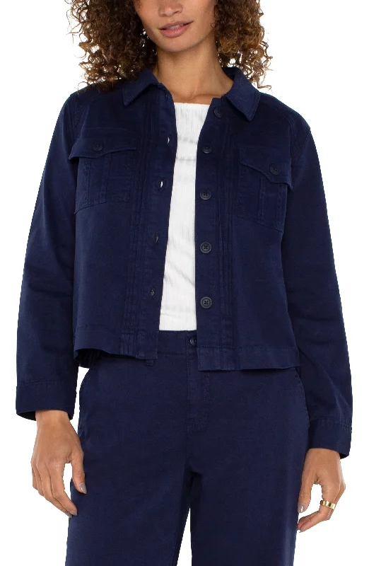 Liverpool Pleat Back Crop Jacket (Lapis Ink) Mesh Jacket Canvas Jacket Denim Jacket