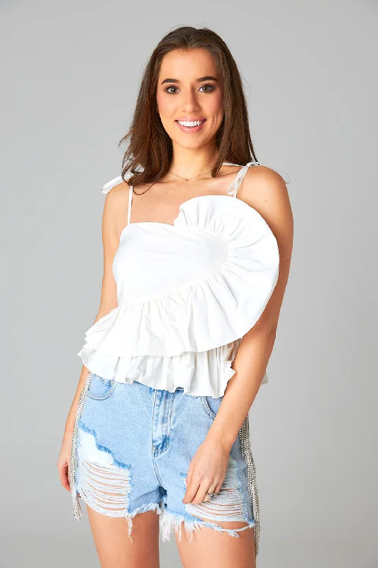 Beck Ruffle Tank Top - White slim fit tank