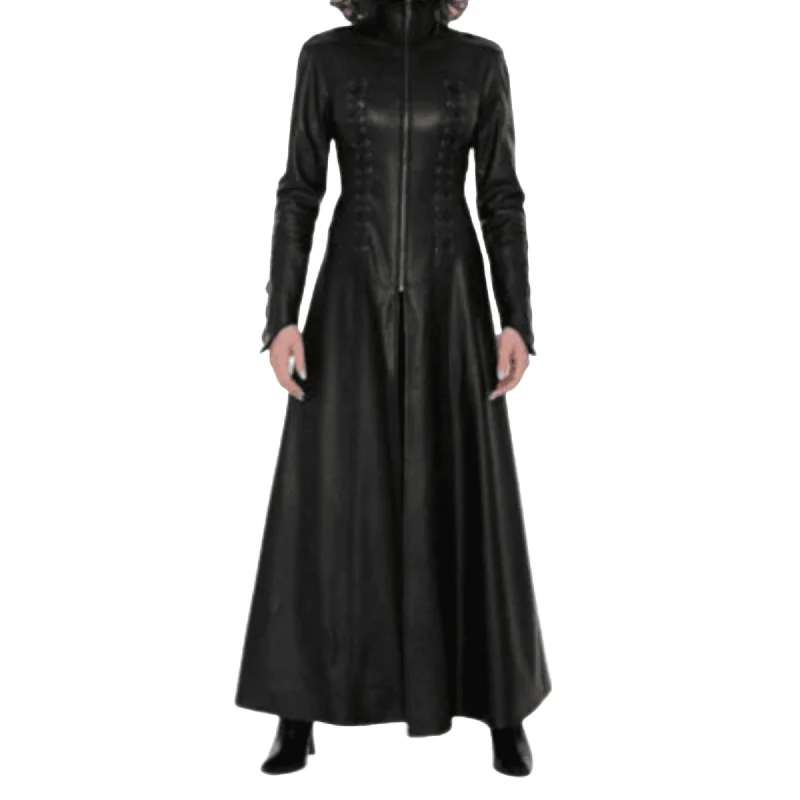 Ladies Long Black Leather Coats Fitted Loose Oversized