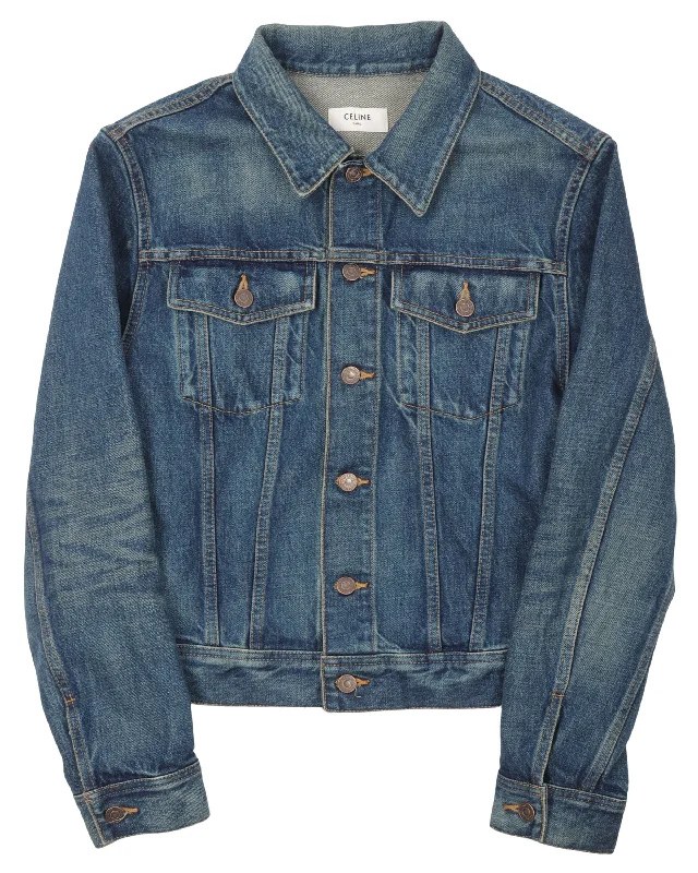 Embroidered Denim Trucker Jacket Tailored Jacket Straight Jacket A-Line Jacket