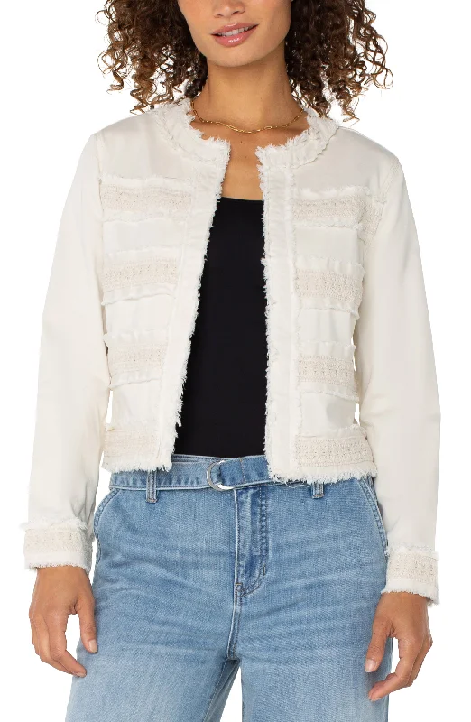 Liverpool Collarless Jacket w/ Fray & Lace (Bone) Rayon Fabric Velvet Fabric Corduroy Fabric