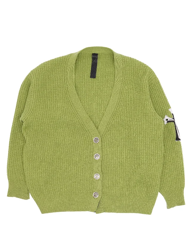 Cashmere Cross Patch 'Hit & Run' Cardigan Sweater Notch Collar Peter Pan Collar Cowl Neck