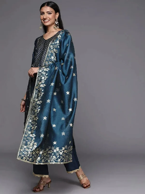 Blue Printed Silk Blend Straight Kurta With Trousers & Dupatta Trousers Modern Contemporary