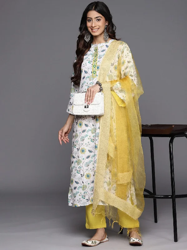 Varanga Floral Printed Regular Thread Work Kurta With Trousers & Dupatta Trousers Elastic Waist Soft Varanga Floral Printed Regular Thread Work Kurta With Trousers & Dupatta Trousers Elastic Waist Soft