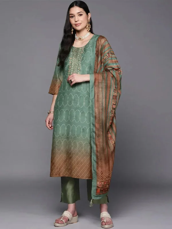 Green Yoke Design Silk Blend Straight Kurta With Trousers & Dupatta Trousers Spring Floral Green Yoke Design Silk Blend Straight Kurta With Trousers & Dupatta Trousers Spring Floral
