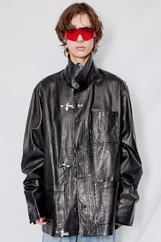 Black Leather Fireman Field Coat Welt Pockets Slit Pockets Flap Pockets