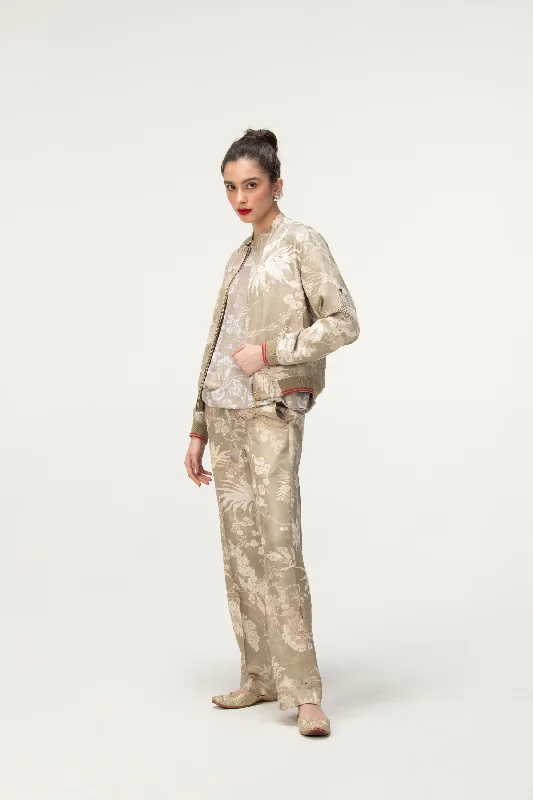 Rainforest Straight Fit Trousers Oyster Grey Silk Damask Trousers chic elegant