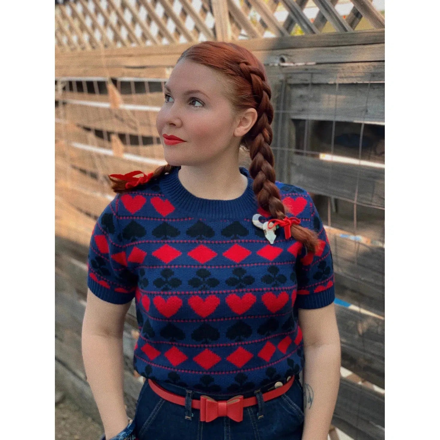 Star Struck Clothing Playing Cards Sweater in Navy Real Fur Shearling Chenille