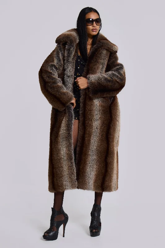 Agyness Brown Faux Fur Coat Chenille Brocade Lace