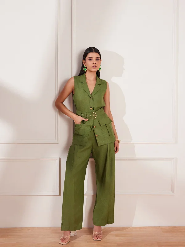 Moss Green Hemp Vest and Trousers Set Trousers Print Floral