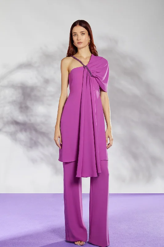 Asymmetrical neckline long top with trousers Trousers luxurious premium
