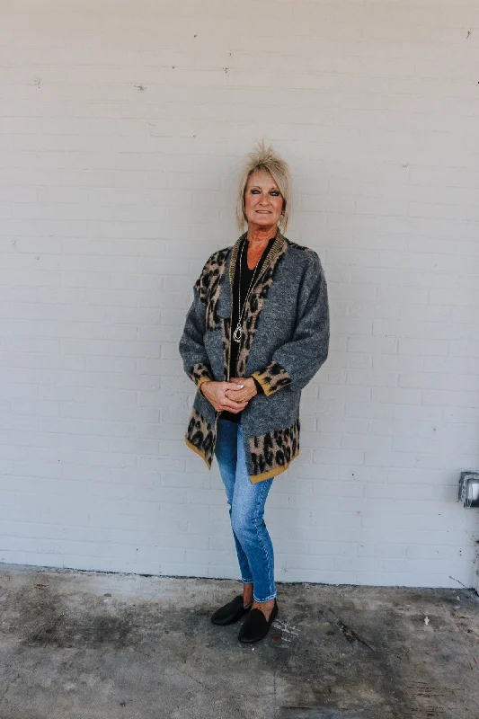 Wild & Cozy Grey Leopard Cardigan Asymmetrical,ymmetric Pencil Cardigan