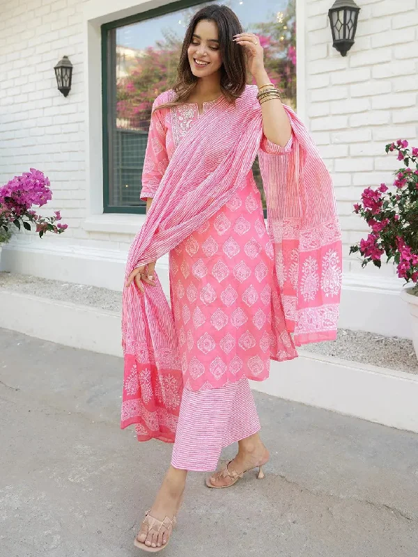 Coral Yoke Design Cotton Straight Kurta With Trousers & Dupatta Trousers Yoga Stretchy Coral Yoke Design Cotton Straight Kurta With Trousers & Dupatta Trousers Yoga Stretchy