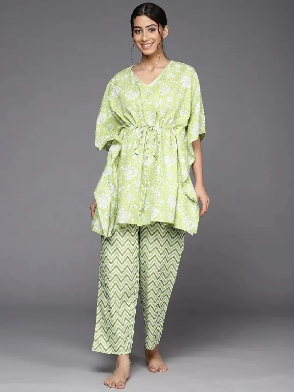 Green Printed Cotton Kaftan Kurta With Trousers Trousers Vintage Classic