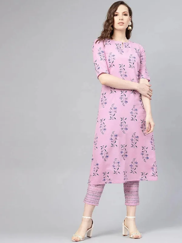 Purple Printed Cotton A-Line Kurta With Trousers Trousers Chinos Classic