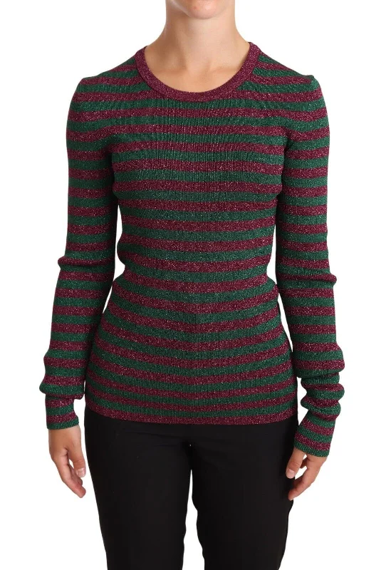 Dolce & Gabbana Elegant Maroon and Green Striped Crewneck Sweater Handmade Hand-knitted Hand-woven Dolce & Gabbana Elegant Maroon and Green Striped Crewneck Sweater Handmade Hand-knitted Hand-woven
