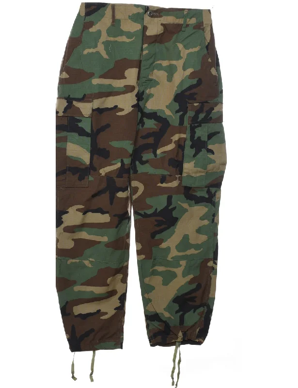 Camouflage Print Y2K Style Cargo Trousers - W30 L30 Wide Leg Loose Fit Mid Waist