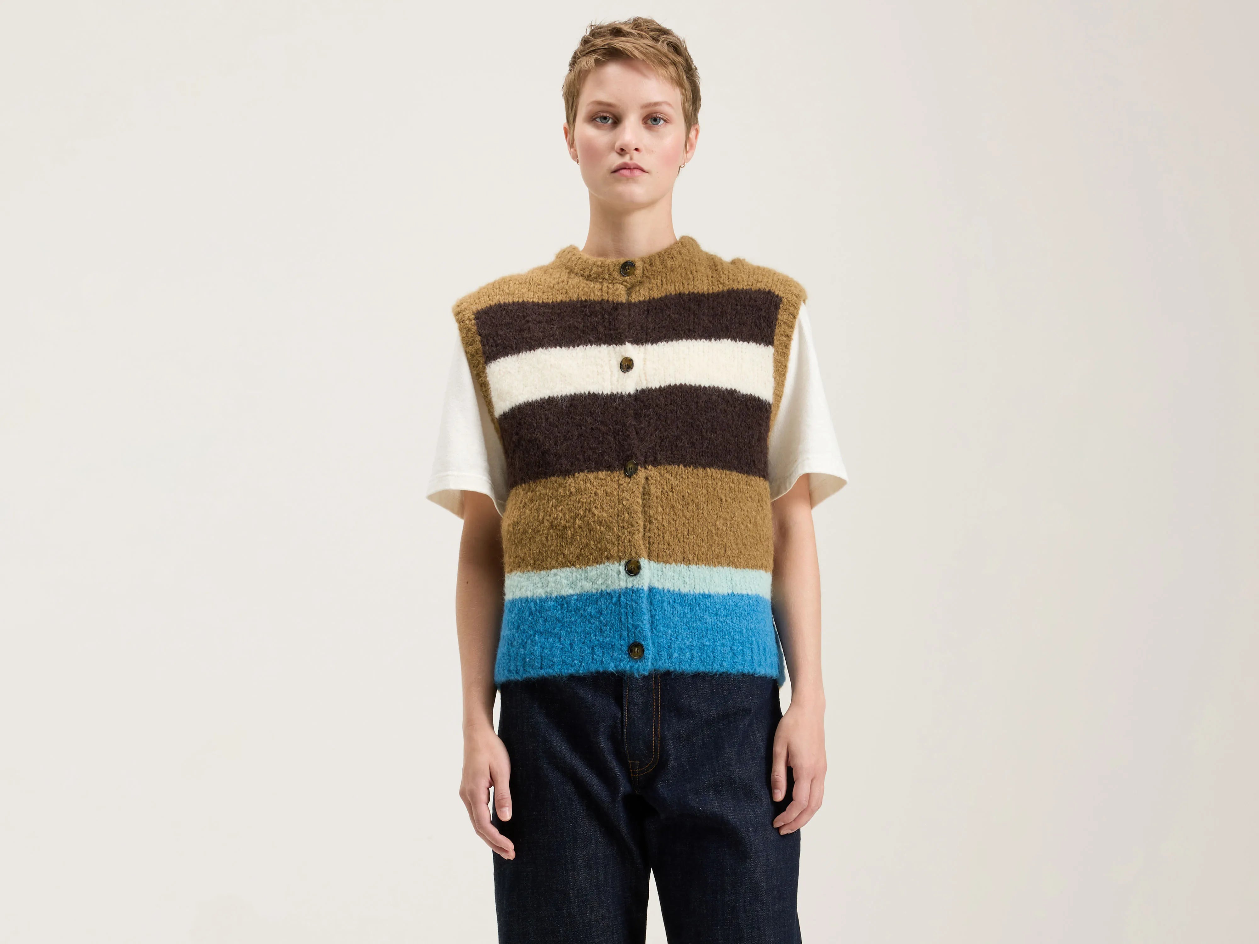 Abogi sleeveless sweater (242 / W / STRIPE A) Hooded Sweater Collared Sweater Shawl Collar