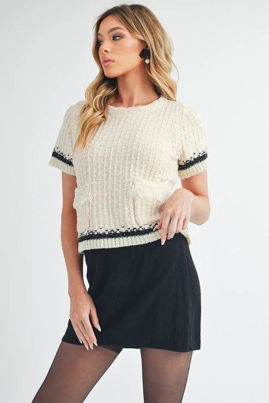 Hazel Blues® |  Aemi + Co Round Neck Short Sleeve Tweed Sweater Graphic Sweater Embroidered Appliqued