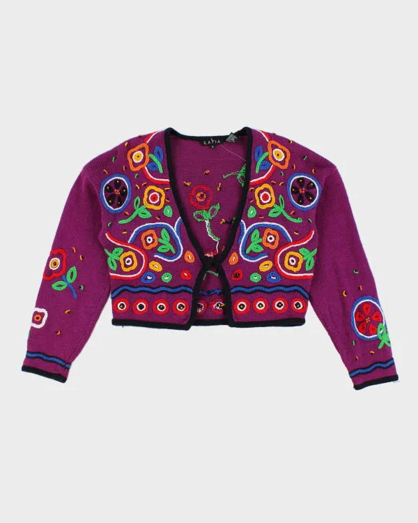 Vintage 90s Rafia Cropped Textured Embroidered Patterned Floral Cardigan - M Front Pockets Side Pockets Patch Pockets