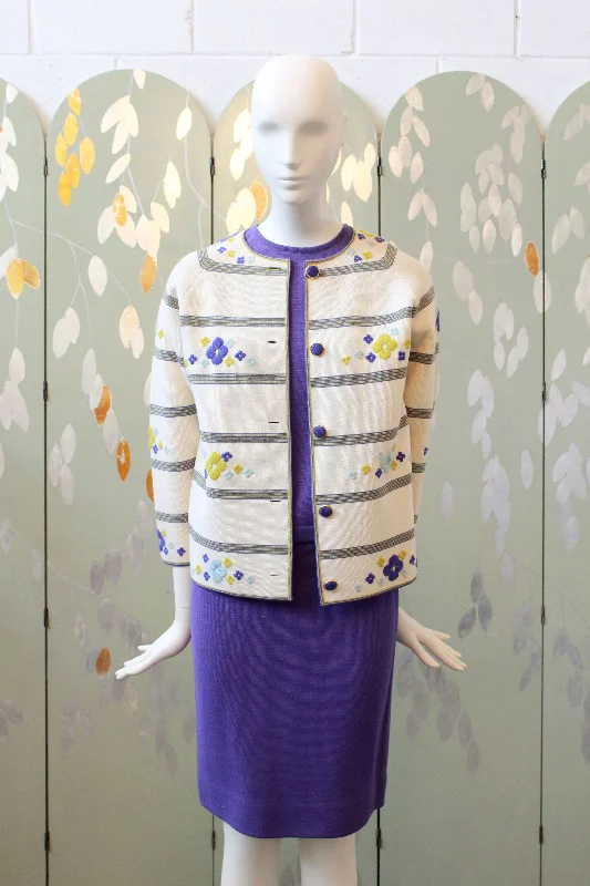 1960s Vintage Purple 3 Piece Set With Floral Cardigan, XS Layered Multi-layer Single Layer