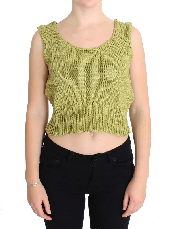 PINK MEMORIES Elegant Green Knit Sleeveless Vest Sweater Herringbone Houndstooth Plaid
