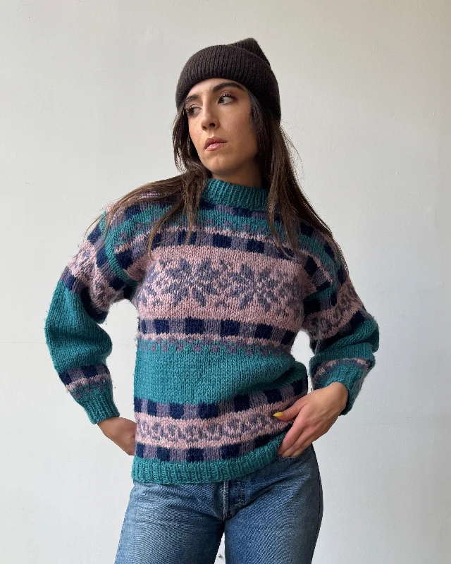 Vibrant Winter Motif Wool Sweater- S Chenille Blend Fleece Blend Nylon Blend