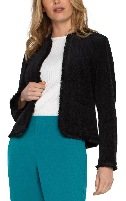 Liverpool Collarless Jacket w/ Frayed Edges (Black) Print Jacket Jacquard Jacket Patchwork Jacket Liverpool Collarless Jacket w/ Frayed Edges (Black) Print Jacket Jacquard Jacket Patchwork Jacket