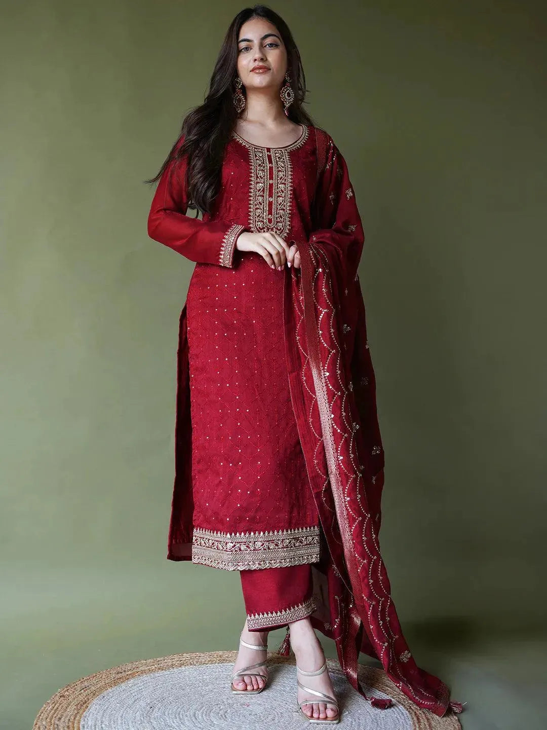 Maroon Embroidered Silk Blend Straight Kurta With Trousers & Dupatta Trousers Trousers Formal