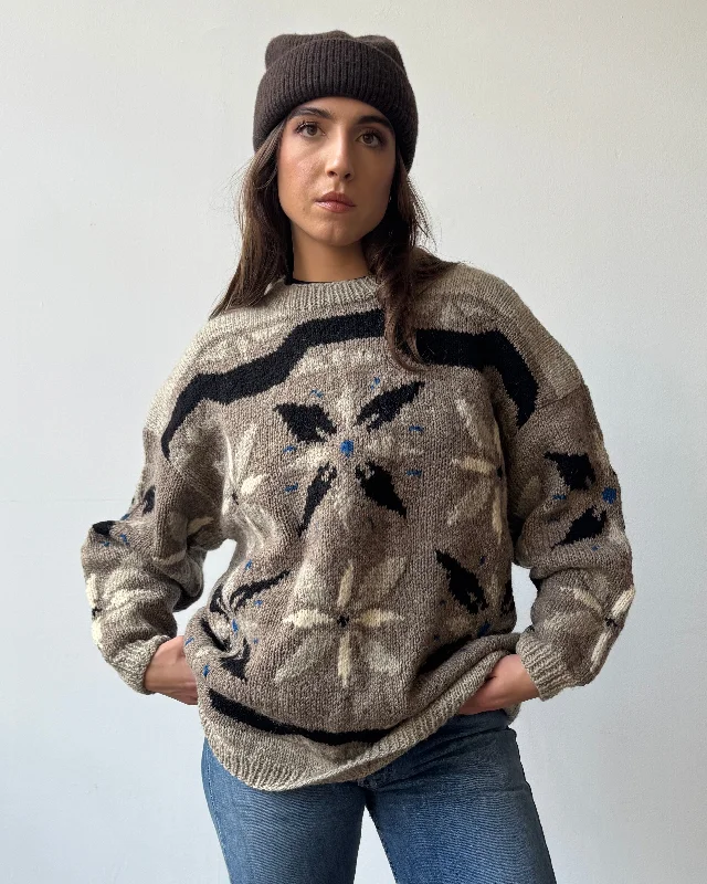 Handknit Winter Motif Wool Sweater- XL Mesh Blend Leather Blend Suede Blend