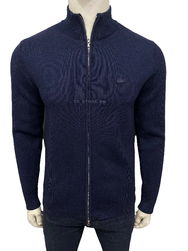 Lacoste High Neck Zipped Wool Navy Blue Cardigan Anti-Pilling Anti-Shrink Durable