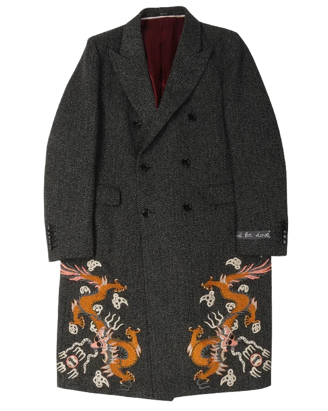 Embroidered Wool Coat Square Neck One-Shoulder Off-the-Shoulder