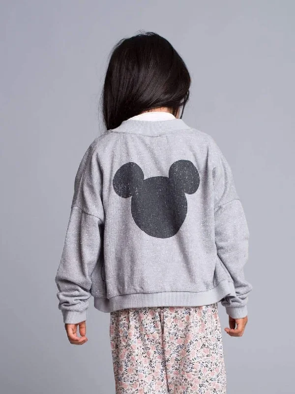 Grey Mickey Zip-up Sweater Solid Print Embellished