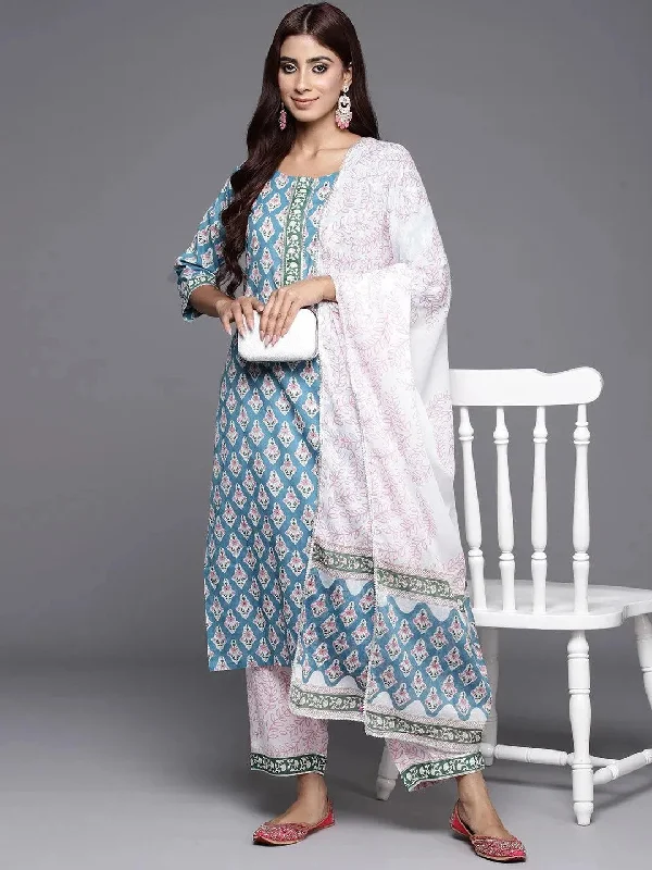 Blue Printed Cotton Straight Kurta With Trousers & Dupatta Trousers Prom Sequined