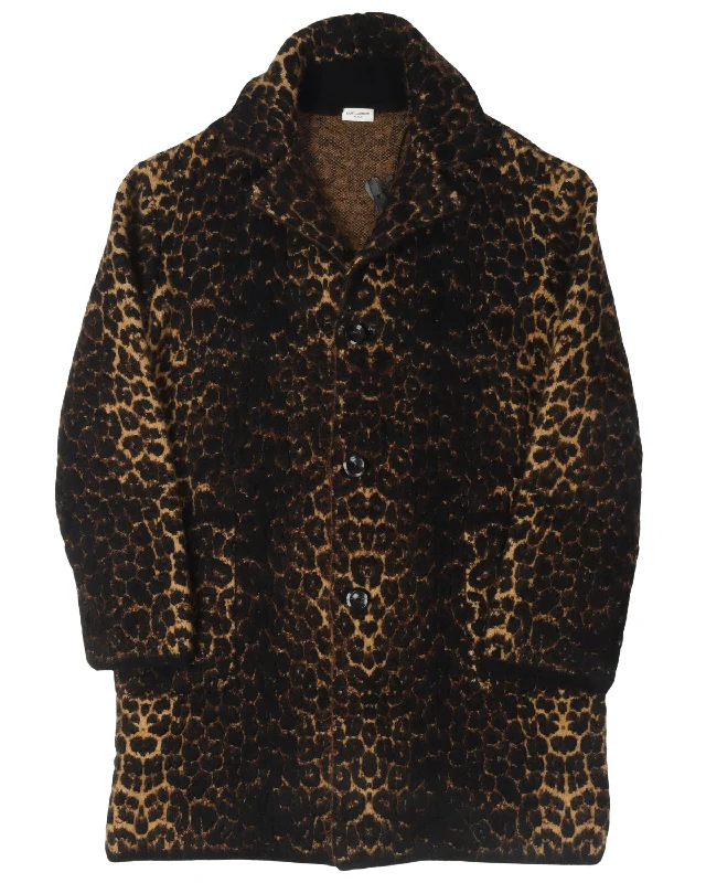 Jacquard Knit Leopard Pattern Coat Buttoned Toggled Snapped