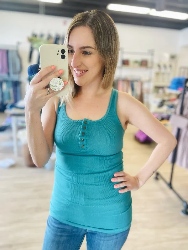 Fitted Ribbed Button Tank Top in Dusty Teal comfortable tank top