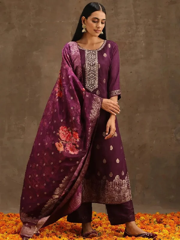 Purple Self Design Silk Straight Kurta With Trousers & Dupatta Trousers Ceremony Elegant Purple Self Design Silk Straight Kurta With Trousers & Dupatta Trousers Ceremony Elegant